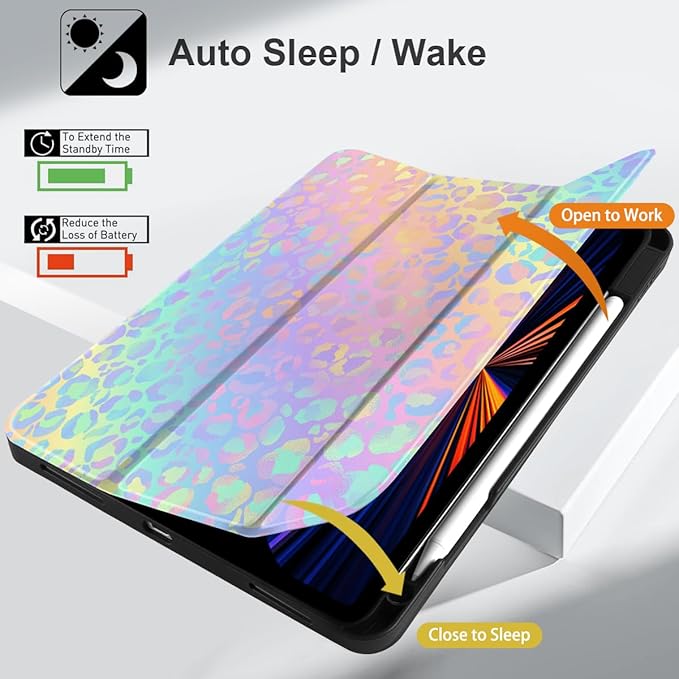 DONGKE Case for 2022/2021/2020/2018 iPad Pro 11 inch Gen 4/3/2/1 - Slim Protective Case - Built in Pencil Holder Support Charging - Trifold Stand &amp Sleep/Wake Cover - Colorful Leopard
