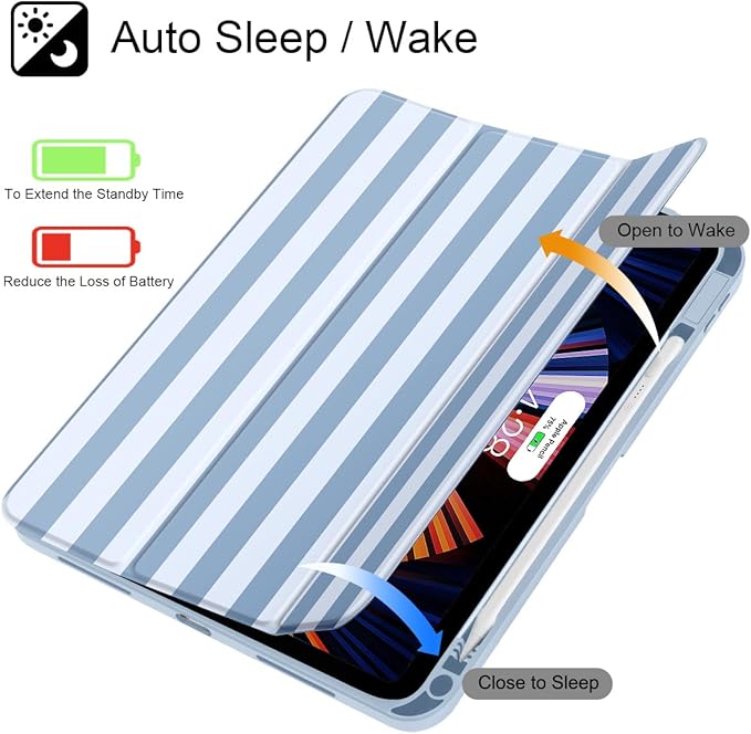 Tuiklol Case for iPad 11 inch (A16 Chip) 2025 Gen 11th / iPad 10.9 inch 2022 10th Gen Buit in Pencil Holder with Shockproof Cover Clear Transparent Back Shell Auto Wake/SleepBlue Striped