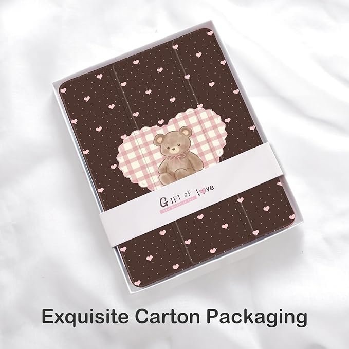 Cute Kawaii Bear Love Heart for iPad mini 7 A17 Pro 2024/iPad Mini 6 Case with Pencil Holder Auto Sleep/Wake Pink Leather Soft TPU Back Cover