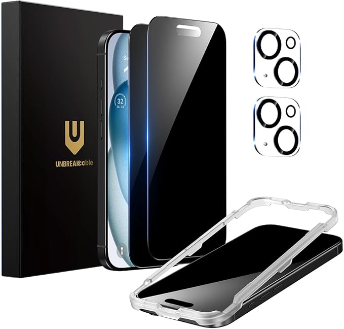 UNBREAKcable Privacy Screen Protector for iPhone 15 (6.1-Inch) 2-Pack + 2 Lens Protectors｜25° Anti-Spy｜9H Hardness｜Anti-Fingerprint｜HD Clarity Tempered Glass
