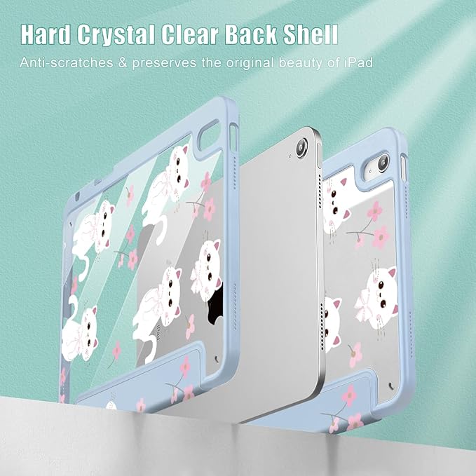 Tuiklol Case for iPad 11 inch (A16 Chip) 2025 Gen 11th / iPad 10.9 inch 2022 10th Gen Buit in Pencil Holder with Shockproof Cover Clear Transparent Back Shell Auto Wake/SleepCat-Blue
