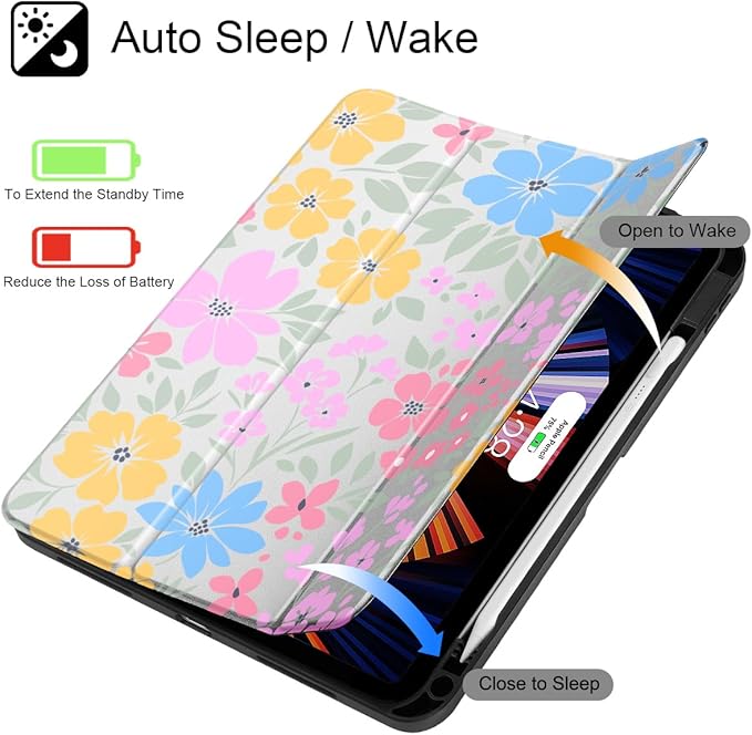 May Chen Case for iPad Air 13 Inch M4 2026 M3 2025 M2 2024 [Built-in Pencil Holder] Shockproof Cover with Clear Transparent Back Shell Auto Sleep/Wake Cover Wild Flowers