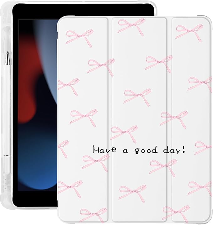 Cute Kawaii Pink Bow for iPad 5th/6th Generation Case with Pencil Holder Auto Sleep/Wake Leather Soft TPU Back Cover for iPad 9.7 Inch