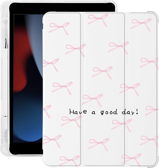 Cute Kawaii Pink Bow for iPad 5th/6th Generation Case with Pencil Holder Auto Sleep/Wake Leather Soft TPU Back Cover for iPad 9.7 Inch