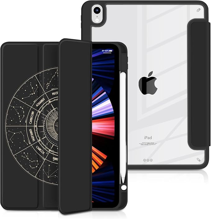 Batianda Hybrid Case for iPad Air 2022 (5th Generation M1 Chip) / iPad Air 4th 2020 10.9 inch [Built-in Pencil Holder] Shockproof Cover with Clear Back Shell TPU BumperMoon Phases