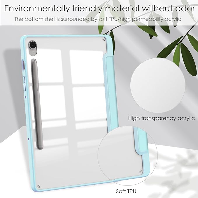 for Samsung Galaxy Tab S10 Lite/ S10 FE/ S9 FE 10.9 Inch Tri-Fold Smart Tablet Case with Pen Holder Shockproof Protective Cover W Transparent Back Shell Auto Wake/SleepSky Blue
