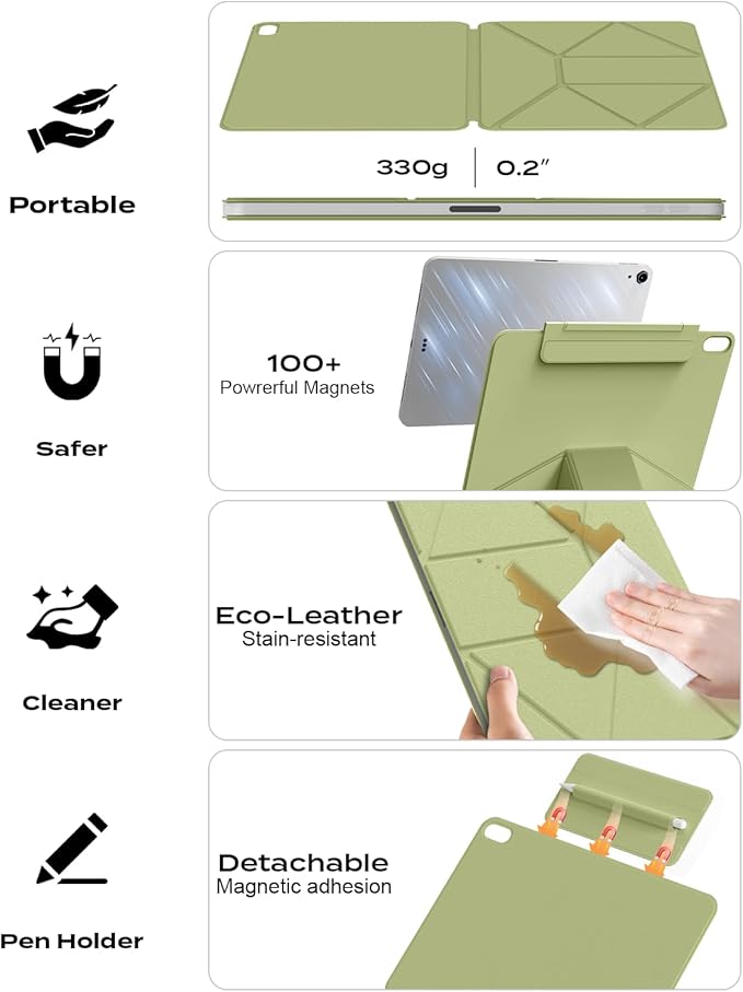JKSML Dynamic Folio Case for iPad Air M4/M3/M2 11 &amp Air 4th/5th Gen 10.9 Detachable Pencil Holder 20+ Multi-Angle Origami Cover Slim &amp Ergonomic &amp Powerful Magnetic - Green
