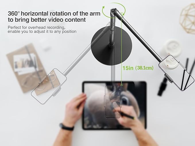 elitehood Heavy Duty Aluminum Overhead Phone Stand 15 in Long Arm iPhone Holder for Video Recording 360 Degrees Swivel Tilt Overhead Phone Mount for Filming Meeting Cooking Painting and Crafting