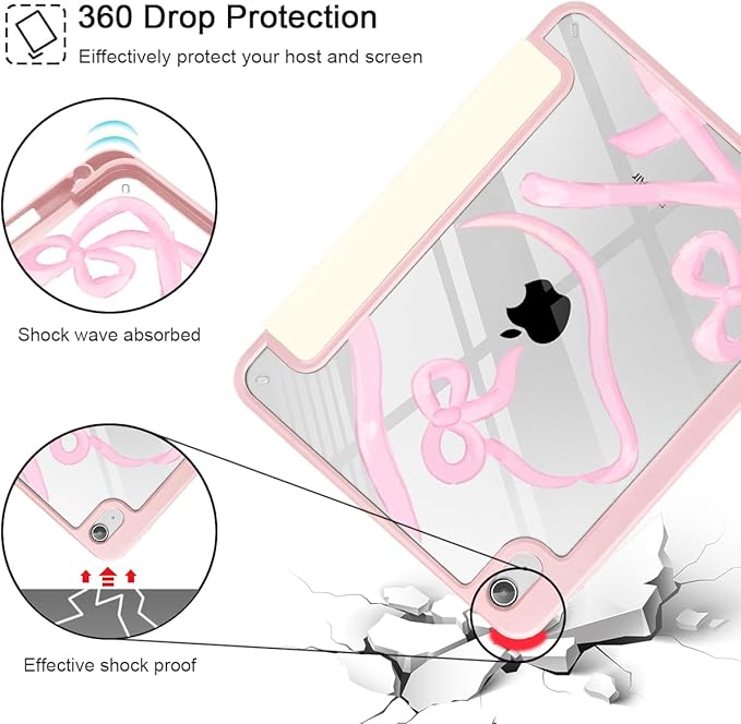 Case for iPad Air 11'' (M4 2026/M3 2025/M2 2024)/ iPad Air 10.9'' Air 5th /4th Gen Shockproof Cover with Clear Back Shell &amp Penceil Holder Auto Wake/Sleep Stand Cover Ribbon Bow Kitten