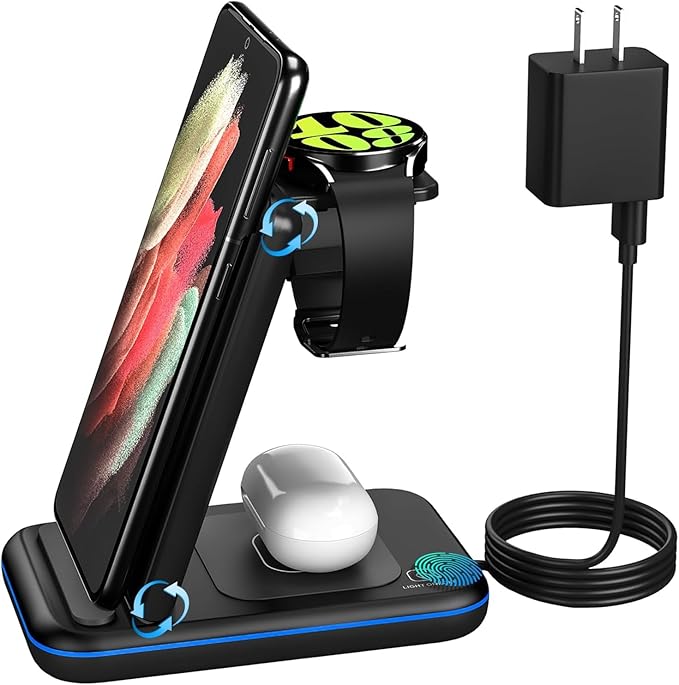 Wireless Charger for Samsung/Android HOLYJOY Foldable 3 in 1 Fast Charging Station/Stand/Multi Charger for Samsung S25 Ultra/S24/Note 20 Travel Pad for Galaxy Watch 8/7/6/5/Active 2 For Buds(Black)