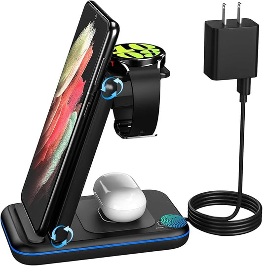 Wireless Charger for Samsung/Android HOLYJOY Foldable 3 in 1 Fast Charging Station/Stand/Multi Charger for Samsung S25 Ultra/S24/Note 20 Travel Pad for Galaxy Watch 8/7/6/5/Active 2 For Buds(Black)