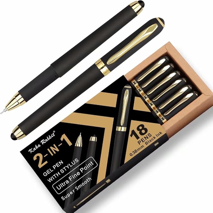 Gel Ink Rollerball Stylus Pen - 18 Pack0.38mm Gel Pen Extra Fine Point2 in 1 Capacitive Stylus PenBlack InkWriting Smoothly for OfficeBusinessGiftMetal Gold Clip