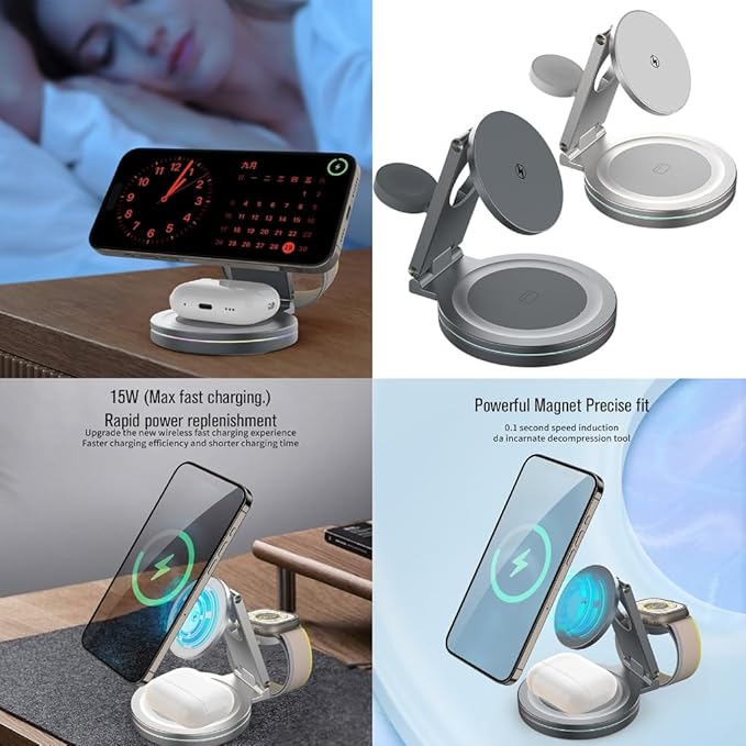 Metal Rotating Wireless Charging Stand for Phone Smartwatch Devices 3 in 1 Function Auto Dimming Lights Compact Foldable