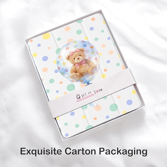 Cute Kawaii Bear Polka Dot for iPad Air 3 Case with Pencil Holder Auto Sleep/Wake White Leather Soft TPU Back Cover for iPad Pro 10.5 Inch 2017