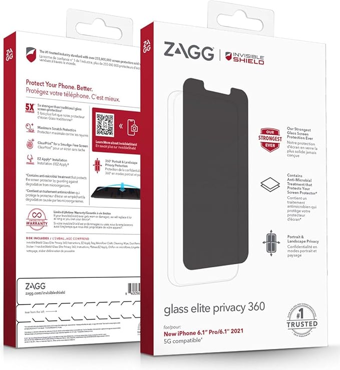 ZAGG InvisibleShield Glass Elite 360 Privacy Screen Protector for iPhone 17e / 16e / 14/13 / 13 Pro – 5X Impact &amp Scratch Protection Tempered Glass Smudge-Resistant Four-Way Privacy