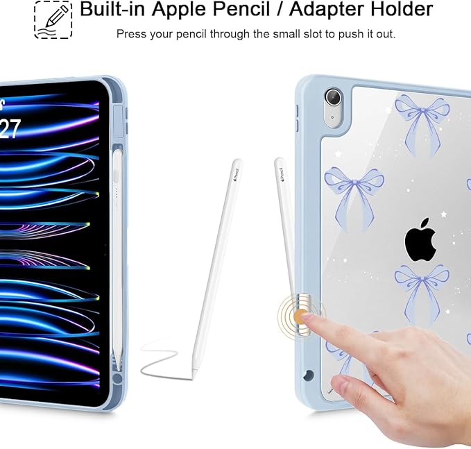 Case for iPad (A16) 11th Generation 11 Inch (2025) iPad 10th Generation 10.9 Inch (2022) Shockproof Cover with Clear Transparent Back Shell &amp Pencil Holder Blue Square Bow