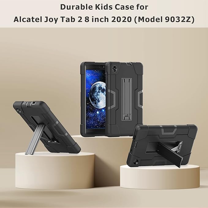 Case for for Alcatel Joy Tab 2 Tablet 8-inch 2020 Release (Model: 9032Z) - [Built-in Kickstand] Shockproof Silicone Protective Cover with Screen Protector (Black/Black/1 PC)