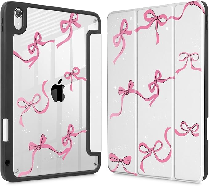May Chen Case for iPad Air 13 Inch M4 2026 M3 2025 M2 2024 [Built-in Pencil Holder] Shockproof Cover with Clear Transparent Back Shell Auto Sleep/Wake Cover White Bows