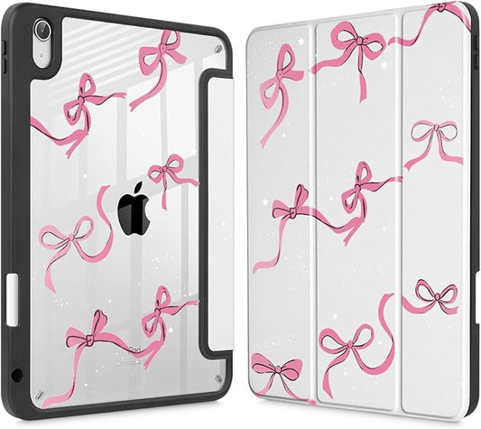 May Chen Case for iPad Air 13 Inch M4 2026 M3 2025 M2 2024 [Built-in Pencil Holder] Shockproof Cover with Clear Transparent Back Shell Auto Sleep/Wake Cover White Bows