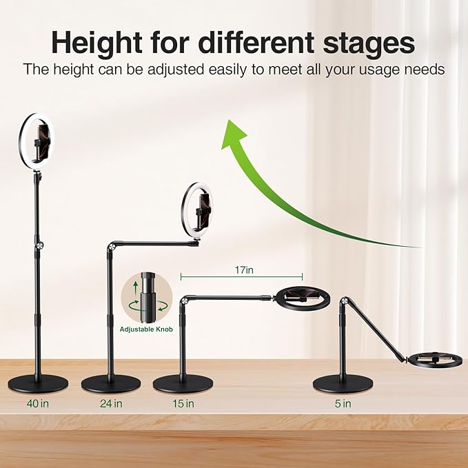 elitehood Overhead Phone Mount with Light for Video Recording Adjustable Desk Ring Light with Stand and Phone Holder Heavy Duty Overhead Camera Mount Tripod for iPhone Cooking Video Filming Meeting
