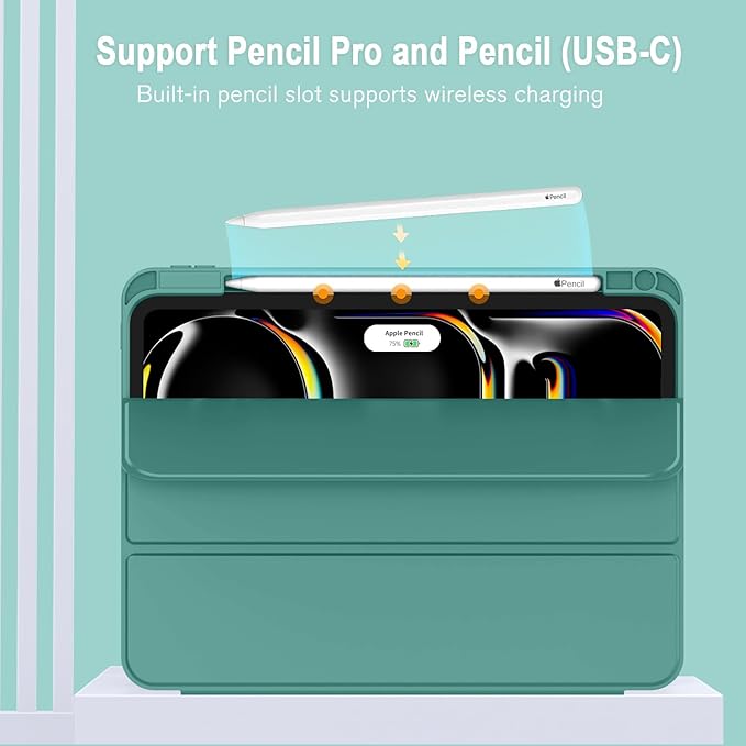 ZryXal New iPad Pro 13 Inch Case (M5) 2025 / (M4) 2024 with Pencil Holder Smart iPad Case [Support Pencil Pro and Pencil (USB-C)] Support Touch ID and Auto Wake/Sleep (Forest Green)
