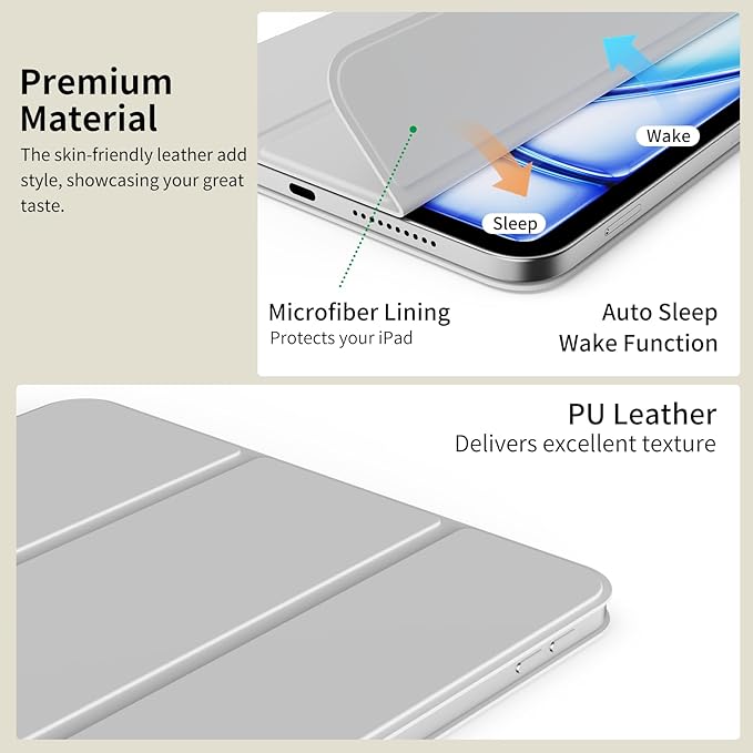 Magnetic Case for iPad Air 11-Inch M4/M3/M2 (2026/2025/2024) iPad Air 5th/4th (2022/2020) 10.9-Inch Powerful Magnetic Attraction Slim Lightweight Trifold Cover Auto Wake/Sleep Gray