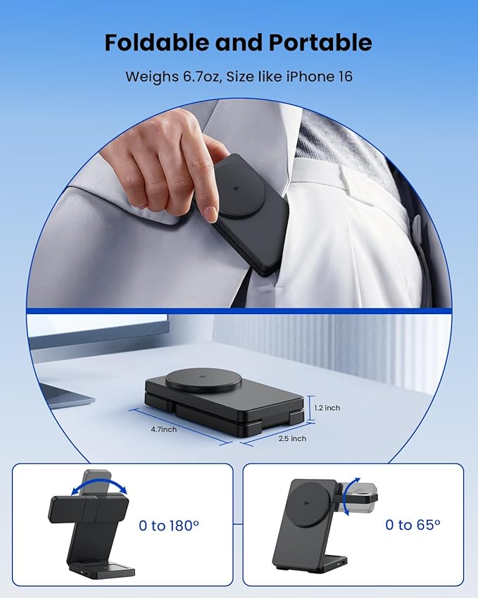 Magnetic Wireless Charging Station for Apple: Upgraded Qi2 Certified 15W 3-in-1 Magsafe Wireless Charger Stand Foldable Travel Fast Charger for iPhone 17 16 15 14 13 12 Series Apple Watch AirPods