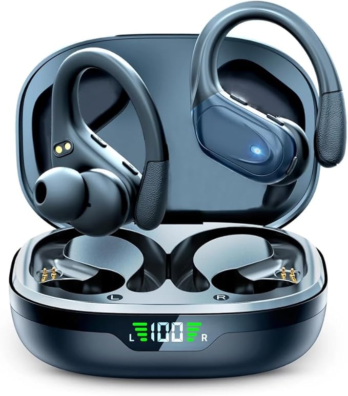 TWS BX 17 Bluetooth 5.3 Wireless Earbuds 48hour Playtime HiFi Headphones Over-Ear Headset Sports IPX7 Waterproof Built-in Microphone Digital Power LED Display Powerful Stereo Bass Earphone (Black)