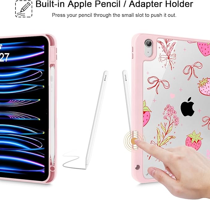 May Chen for iPad Air 11-inch M4/M3/M2 (2026/2025/2024) iPad Air 5th/4th 10.9 Inch - Shockproof Cover with Clear Back Shell &amp Penceil Holder Auto Wake/Sleep Stand Cover Strawberry Bow