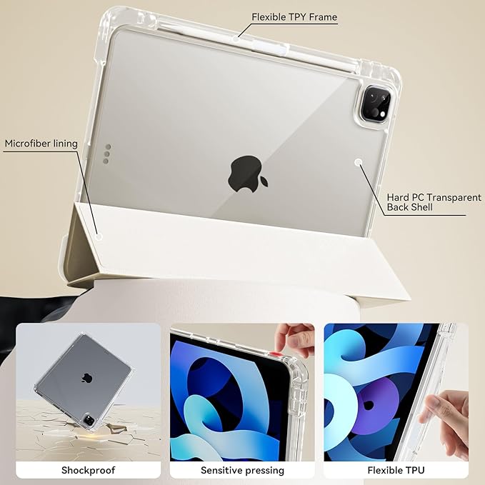 Case for iPad Air 13 Inch M3/M2 (2025/2024)iPad Pro 12.9 inch 2022/2021/2020 (6th/5th/4th Gen) | 2-in-1 Removable Clear Back Cover | Wireless Pencil Charging | Auto Sleep/WakeWhite Cream