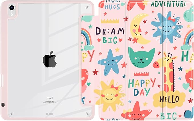 Batianda Hybrid Case for iPad Air 2022 (5th Generation M1 Chip) / iPad Air 4th 2020 10.9 inch [Built-in Pencil Holder] Shockproof Cover with Clear Back Shell TPU BumperHappy Day