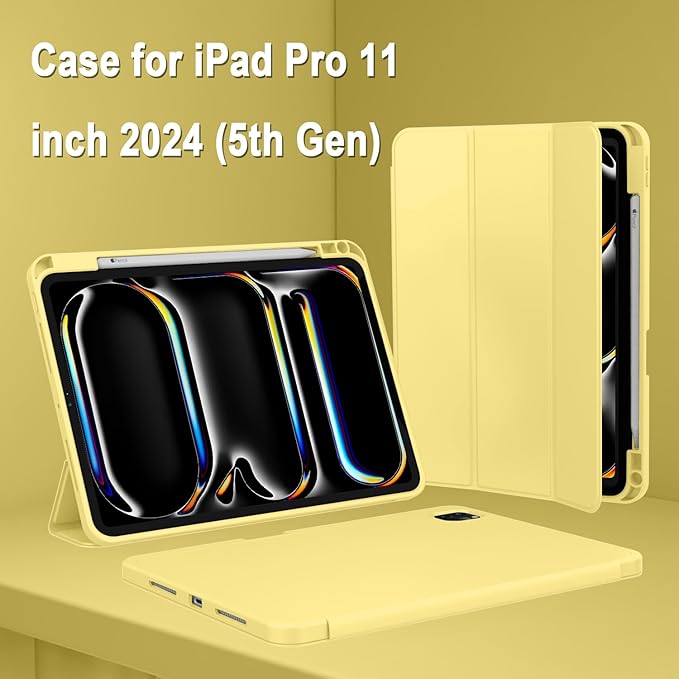 ZryXal iPad Pro 11 Inch Case (M5) 2025/ (M4) 2024 (Model: A2836/A2837/A3006) Trifold Stand Smart Cover with Pencil Holder and Soft TPU Back Auto Wake/Sleep (Yellow)