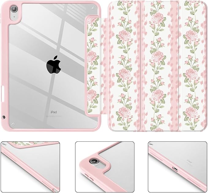 Case for iPad 11 inch A16 2025 Generation 11th / iPad 10.9 inch 2022 10th Gen Buit in Pencil Holder with Shockproof Cover Clear Transparent Back Shell Auto Wake/Sleep Exquisite Rose