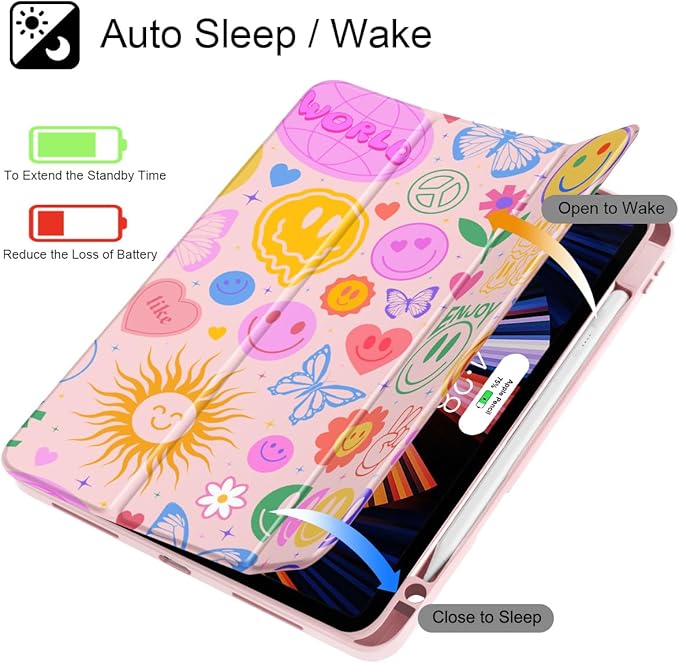 May Chen for iPad Pro 11 inch M2 4th Generation 2022 iPad Pro 11 3rd/2nd/1st Gen Built-in Pencil Holder with Shockproof Cover Clear Transparent Back Shell Auto Wake/Sleep Smile Pattern