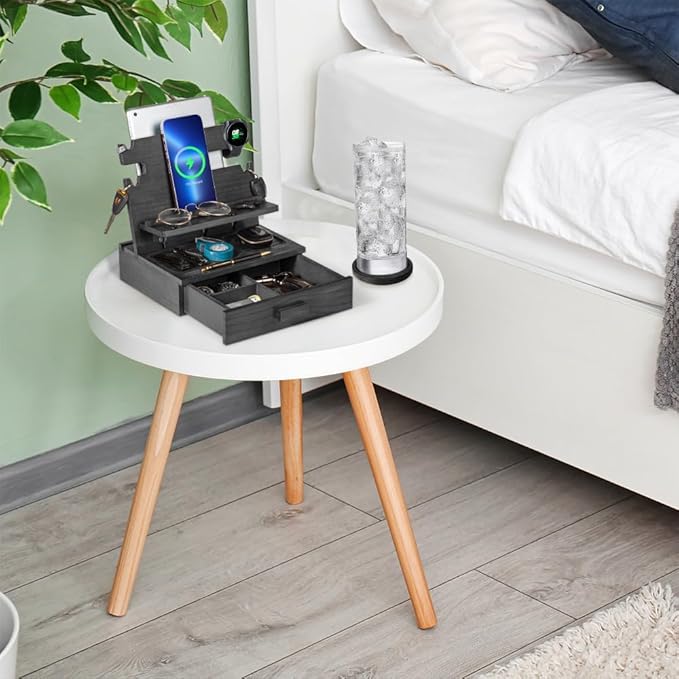 Black Wood Phone Docking Station for up to 3 Phones - Nightstand Organizer with Drawer for Valuables for Men &amp Women Compatible With Apple Watch Holds Phones Tablets Keys Rings Glasses EDC