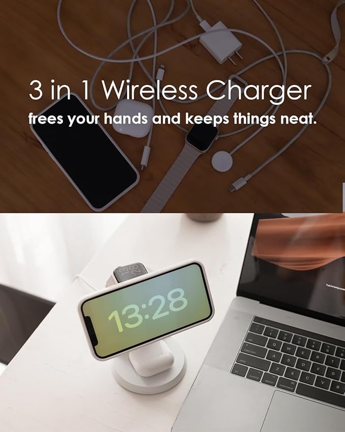 Wireless Charger Compatible with Mag-Safe3 in 1 Charging Station for iPhone17/16/15/14/13/12 Series Apple WatchAirPods15W Fast Charging (Adapter Included)
