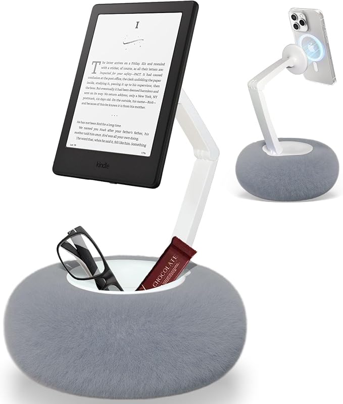 Upgraded Magnetic Kindle Holder for Bed Dual-Axis 360° Adjustable Pillow Stand with Bowl &amp Suction Cup Base Compatible with 3.5–7 Kindle E-Reader iPhone &amp Android PhonesGray