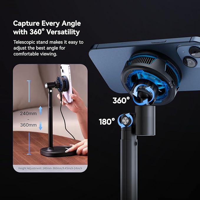 ULANZI SK-10 3 in 1 Semiconductor Cooling Fan - Magnetic Cell Phone Stand &amp Wireless Charger Height Adjustable Desk Holder Compatible with iPhone 17/Pro/Pro Max for Live Streaming Gaming &amp O