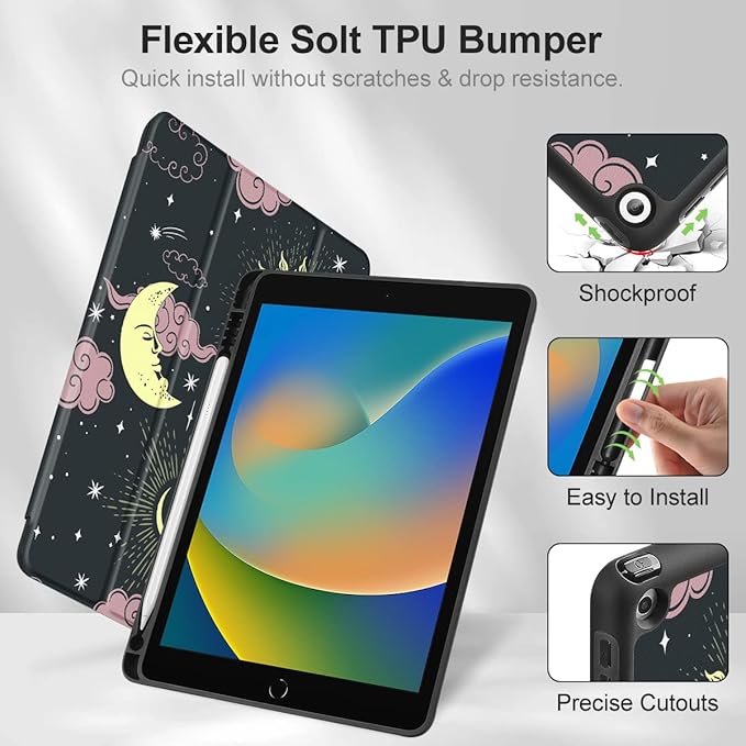 Mektron Designed Printed iPad 10.2 Case 9th Gen (2021)/ 8th Gen (2020)/ 7th Gen (2019) with Pencil Holder Slim Stand Protective Case with Soft TPU Back for iPad 10.2 Inch Sweet Night