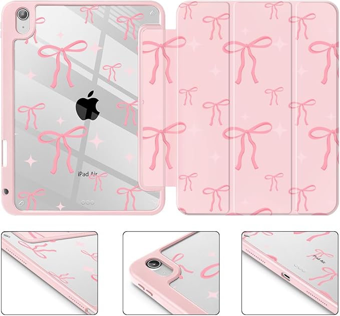 May Chen for iPad Air 11-inch M4/M3/M2 (2026/2025/2024) iPad Air 5th/4th 10.9 Inch - Shockproof Cover with Clear Back Shell &amp Penceil Holder Auto Wake/Sleep Stand Cover Pink Bows P721
