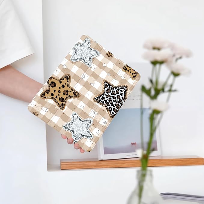 Cute Star Grid Checkered for iPad Air 11 Inch Case 7th/6th Generation (M3/M2) 2025/2024 with Pencil Holder Auto Sleep/Wake Leather Soft TPU Back Cover
