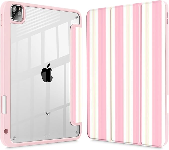 Mektron Case for iPad Pro 11 inch Case M2 2022 Generation 4th Fit 2021 2020 2018 iPad Pro 11 (3rd 2nd &amp 1st Gen) -Buit in Pencil Holder with Shockproof Cover Clear Shell Pink Striped
