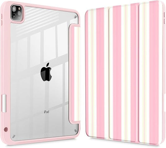 Mektron Case for iPad Pro 11 inch Case M2 2022 Generation 4th Fit 2021 2020 2018 iPad Pro 11 (3rd 2nd &amp 1st Gen) -Buit in Pencil Holder with Shockproof Cover Clear Shell Pink Striped