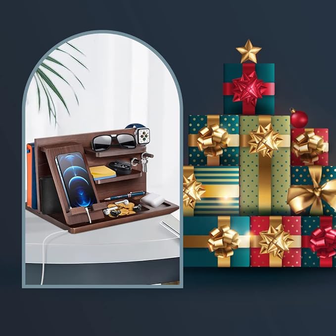 Gifts for Men Bedside Organiser Wood Phone Docking Station Dad Birthday Gifts for Him Nightstand Key Wallet Watch Stand Mens Gifts for Xmas Presents for Dad Husband Boyfriend Anniversary &amp Christm