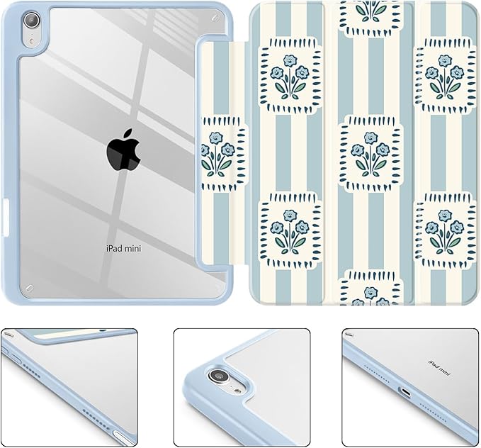 Mektron Printed Case for iPad mini 7 (A17 Pro) 2024/ Mini 6 2021 iPad mini 7th/6th Generation 8.3-inch Liquid Retina Display Cover Buit in Pencil Holder with Clear Back Shell Patchwork Floral