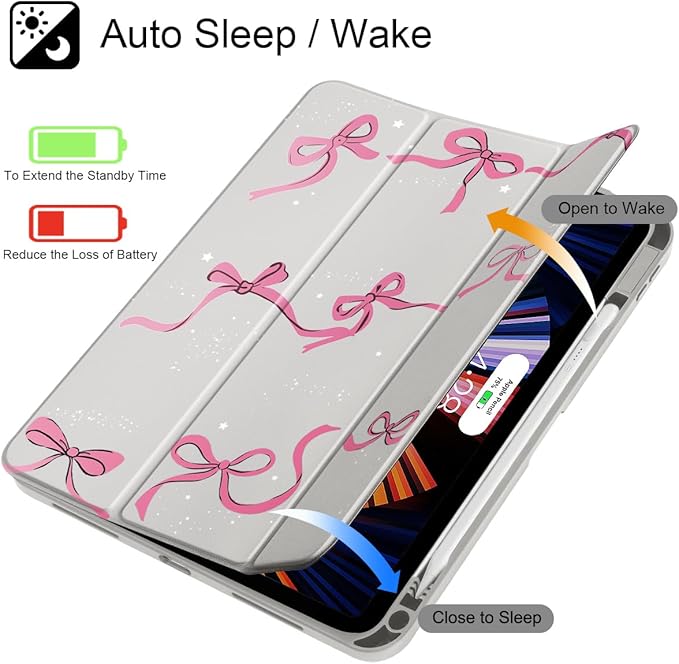 May Chen Case for iPad Air 13 Inch M4 2026 M3 2025 M2 2024 [Built-in Pencil Holder] Shockproof Cover with Clear Transparent Back Shell Auto Sleep/Wake Cover Khaki Bows