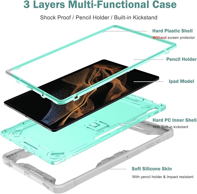 Protective Case Compatible with Samsung Galaxy Tab S9 Ultra 14.6 Inch 2023 Case with Built-in Stand Rugged Hybrid Shockproof Protective CoverCompatible with Samsung Galaxy Tab S9 Ultra(Grey+Green)