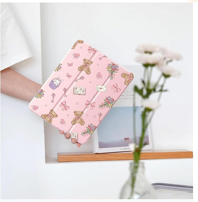 Cute Kawaii Bear Flower Bow for iPad 7th/8th/9th Generation Case 10.2 Inch 2019/2020/2021 with Pencil Holder Auto Sleep/Wake Pink Leather Acrylic Back Cover