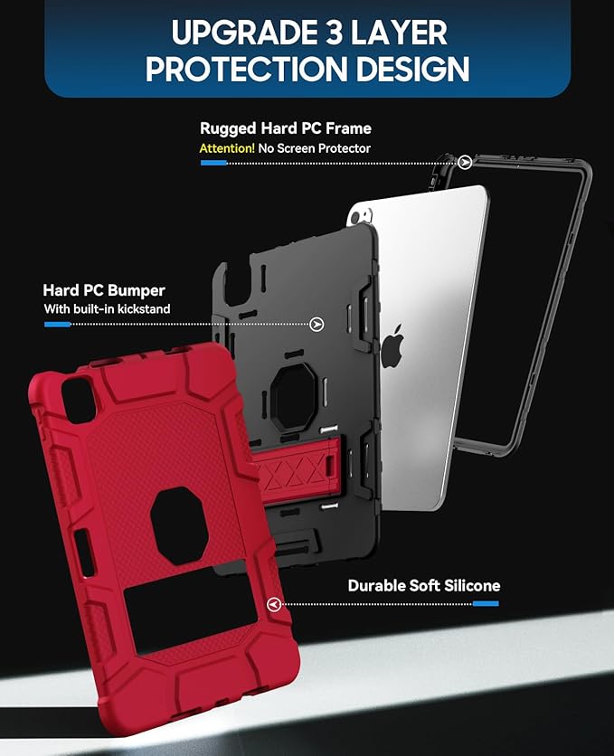 Case for iPad Pro 11 inch Case 2024 (M4) iPad 11 Pro C ase with Pencil Holder Built-in Stand Shockproof Rugged Protective Cover for iPad Pro 11 inch 5th Gen (Red)