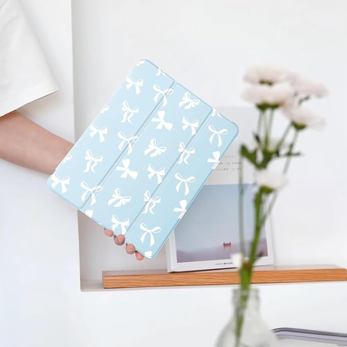 Cute Kawaii Bow for iPad mini 7 A17 Pro 2024/iPad Mini 6 Case with Pencil Holder Auto Sleep/Wake Blue Leather Soft TPU Back Cover